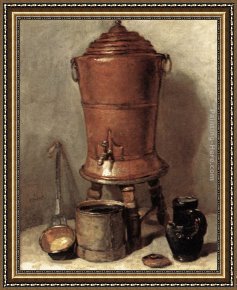 Jean Baptiste Simeon Chardin Framed Paintings - The Copper Drinking Fountain by Jean Baptiste Simeon Chardin
