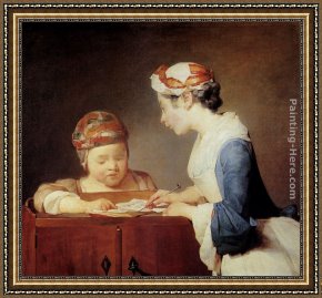 Jean Baptiste Simeon Chardin Framed Paintings - The Teacher by Jean Baptiste Simeon Chardin
