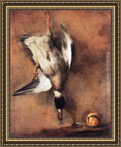 Mallard Duck Framed Paintings - Wild Duck with a Seville Oraange by Jean Baptiste Simeon Chardin