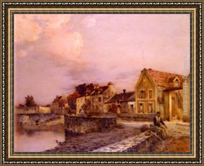 Village Street And Stairs with Figures Framed Paintings - Figures At The Village Pond, Sunset by Jean-Charles Cazin