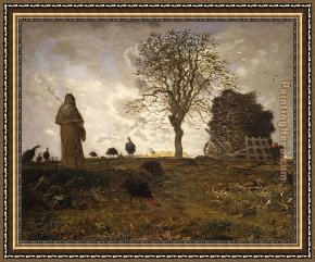 An Autumn Landscape with Cows Near a Stream Framed Paintings - Autumn landscape with a flock of Turkeys by Jean Francois Millet