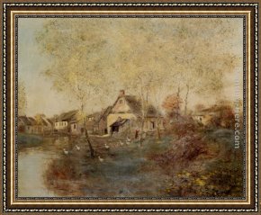 Raffaelli Framed Paintings - Feeding the Ducks Along the Canal by Jean Francois Raffaelli