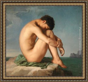 Eze-sur-mer Framed Paintings - Jeune homme assis au bord de la mer by Jean Hippolyte Flandrin