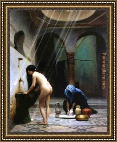 Gerome Framed Paintings - A Moorish Bath Turkish Woman Bathing No 2 by Jean-Leon Gerome