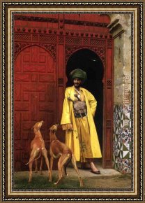 Arabs Crossing The Desert Framed Paintings - An Arab And His Dogs by Jean-Leon Gerome