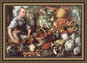 Ponies, a Calf And Poultry in a Farmyard Framed Paintings - Market Woman with Fruit, Vegetables and Poultry by Joachim Beuckelaer