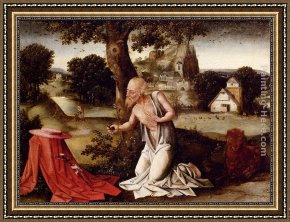 Penitent Magdalen Framed Paintings - Landscape With The Penitent Saint Jerome by Joachim Patenier