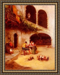 A Mediterranean Courtyard Framed Paintings - A Courtyard Scene by Joaquin Miro