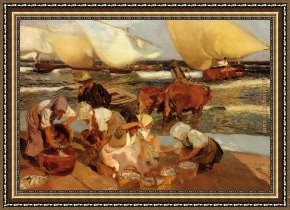 Port of Valencia Framed Paintings - Beach at Valencia by Joaquin Sorolla y Bastida