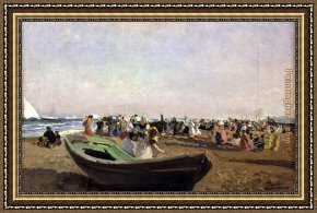 Port of Valencia Framed Paintings - Beach of Valencia. Fisherwomen by Joaquin Sorolla y Bastida