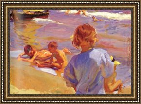 Port of Valencia Framed Paintings - Children on the Beach Valencia by Joaquin Sorolla y Bastida