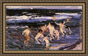 Bastida Framed Paintings - Ninos en el Mar by Joaquin Sorolla y Bastida