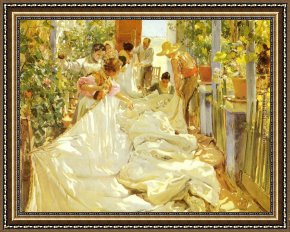 Bastida Framed Paintings - Sewing the Sail by Joaquin Sorolla y Bastida