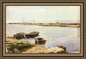 Bastida Framed Paintings - Three Boats By A Shore by Joaquin Sorolla y Bastida