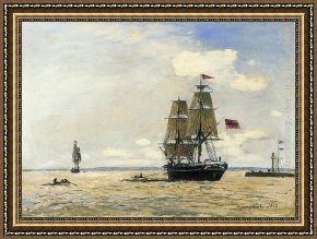 Port of Valencia Framed Paintings - Norwegian Naval Ship Leaving the Port of Honfleur by Johan Barthold Jongkind