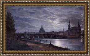 Tavern of The Crescent Moon Framed Paintings - View of Dresden at Full Moon by Johan Christian Clausen Dahl