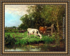 Calves Watering Framed Paintings - Cows Watering In A Meadow by Johan Frederik Cornelis Scherrewitz