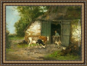 Cattle in a Pasture Framed Paintings - Farmer and Cattle by a Stable by Johan Frederik Cornelis Scherrewitz