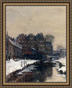 A Farmyard Scene in Winter Framed Paintings - A Canal Scene In Winter by Johan Hendrik Van Mastenbroek