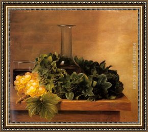 Musician's Table Framed Paintings - A Still Life with Grapes and Wine on a Table by Johan Laurentz Jensen