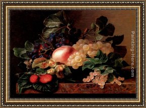 Peach Framed Paintings - Grapes, Strawberries, a Peach, Hazelnuts and Berries in a Bowl on a marble Ledge by Johan Laurentz Jensen