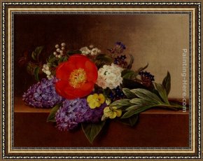 The Bunch of Violets Framed Paintings - Lilacs, Violets, Pansies, Hawthorn Cuttings, And Peonies On A Marble Ledge by Johan Laurentz Jensen