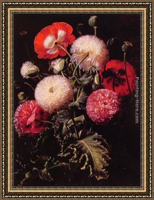 Red Poppies in Tuscany Framed Paintings - Still Life with Pink, Red and White Poppies by Johan Laurentz Jensen