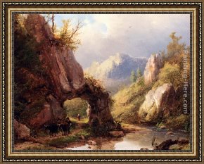 Cattle in a Pasture Framed Paintings - A Mountain Valley With A Peasant And Cattle Passing Along A Stream by Johann Bernard Klombeck