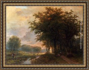 Cattle in a Pasture Framed Paintings - A Wooded River Valley With Peasants On A Path, Cattle In A  Meadow Beyond by Johann Bernard Klombeck