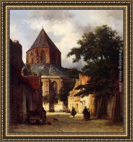 Village Street And Stairs with Figures Framed Paintings - Figures In The Streets Of A Dutch Town, A Church In The Background by Johannes Bosboom
