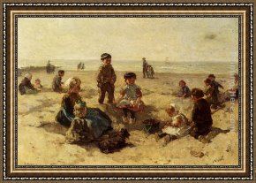 Child Framed Paintings - Children Playing On The Beach by Johannes Evert Akkeringa
