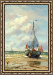 The Stone Breaker Framed Paintings - A Bomschuit in the Breakers by Johannes Hermanus Koekkoek