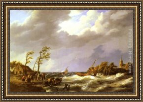 The Rescue Framed Paintings - Dutch Fishing Vessel caught on a Lee Shore with Villagers and a Rescue Boat in the foreground by Johannes Hermanus Koekkoek