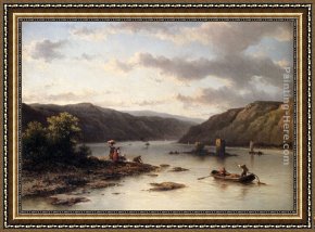 Bank Framed Paintings - A Rhenish River Landscape With Fishermen In A Boat And Washerwomen On A Bank by Johannes Hilverdink