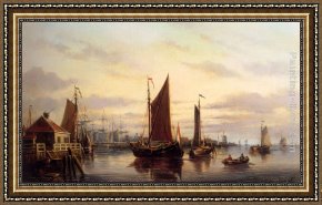 A View of Amsterdam Market Framed Paintings - A View Of The IJ, Amsterdam, With Various Shipping Near Het Slagthuys by Johannes Hilverdink