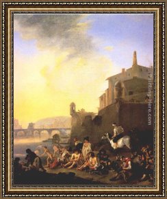 Gypsies Framed Paintings - Bathing Gypsies by Johannes Lingelbach