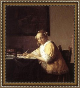 Lady in Her Boudoir Framed Paintings - A Lady Writing a Letter by Johannes Vermeer