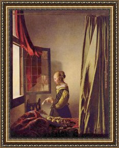 Young Girl Reading Framed Paintings - Girl Reading a Letter at an Open Window by Johannes Vermeer