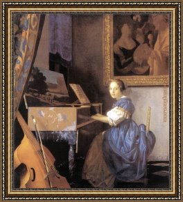 Lady in Her Boudoir Framed Paintings - Lady Seated at a Virginal by Johannes Vermeer