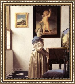 Lady in Her Boudoir Framed Paintings - Lady Standing at a Virginal by Johannes Vermeer
