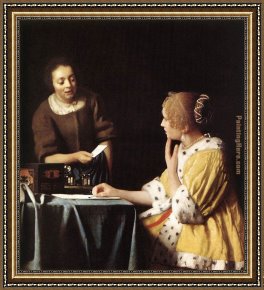 Portrait of a Lady Holding a Fan Framed Paintings - Lady with Her Maidservant Holding a Letter by Johannes Vermeer