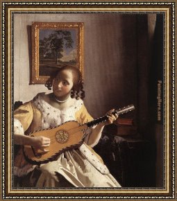 Guitar with Clarinet Framed Paintings - The Guitar Player by Johannes Vermeer