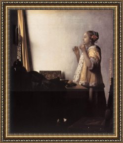 Johannes Vermeer Framed Paintings - Woman with a Pearl Necklace by Johannes Vermeer