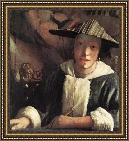 Young Girl Reading Framed Paintings - Young Girl with a Flute by Johannes Vermeer