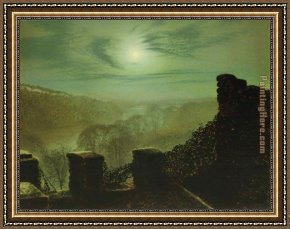 Tavern of The Crescent Moon Framed Paintings - Full Moon behind Cirrus Cloud from the Roundhay Park Castle Battlements by John Atkinson Grimshaw