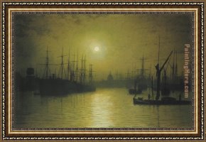 Nightfall Framed Paintings - Nightfall down the Thames by John Atkinson Grimshaw