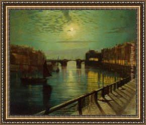 East Boothbay Harbor Framed Paintings - Whitby Harbor by Moonlight by John Atkinson Grimshaw
