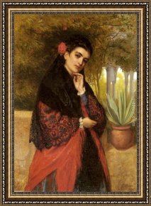The Spanish Ballet Framed Paintings - A Spanish Beauty in a Red and Black Lace Shawl by John Bagnold Burgess