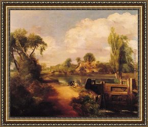 The Departure of The Fishing Fleet Framed Paintings - Landscape with Boys Fishing by John Constable