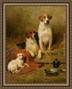 Terriers Framed Paintings - Foxhounds and a Terrier by John Emms